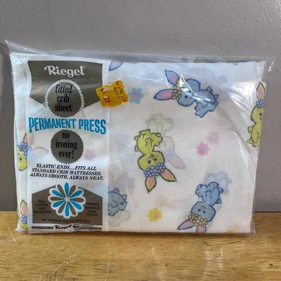 Vtg Riegel Fitted Crib Sheet Blue Yellow Bunny Floral Permanent Press NOS