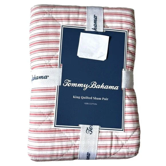 Tommy Bahama King Quilted Sham Shams 100% Cotton Makena Stripe Red Set of 2