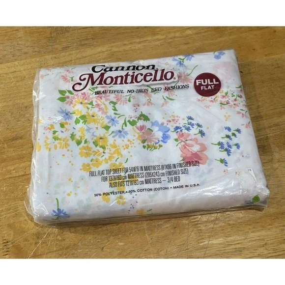 Vtg Cannon Monticello Floral Print‎ Full Flat Sheet  Garden Cottagecore Flowers