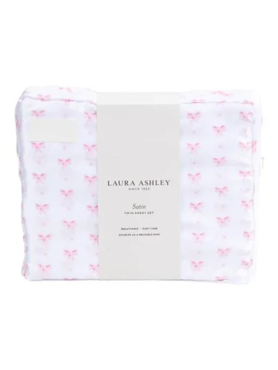 LAURA ASHLEY Hearts And Bows Satin Sheet Set