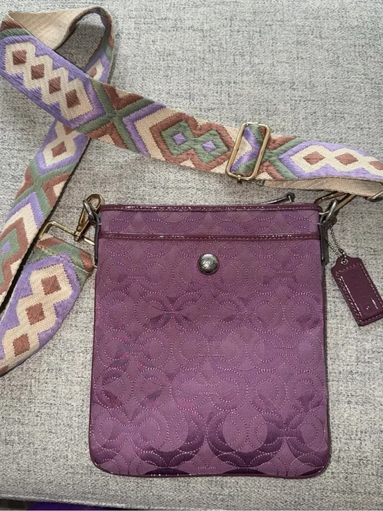 Coach Purple Crossbody with Patterned Strap