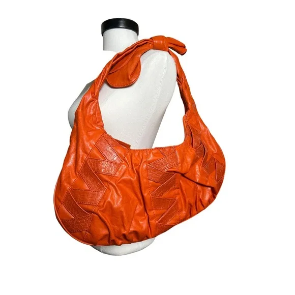 Y2K Orange Slouchy Hobo Shoulder Bag Bow‎ Detail Textured Statement