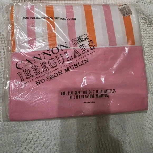 Vintage Cannon Fashion Muslin Sheet Full Flat Pink Orange White Stripe New‎