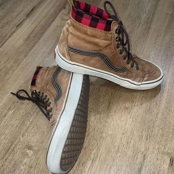 Vans Tan Suede High-Top Sneakers with Red Plaid Lining