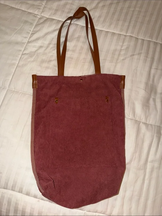 Women’s Casual Corduroy Tote Bag in Dusty Rose with Brown Straps