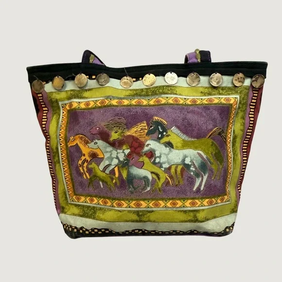Laurel Burch Wild Horse Canvas Tote Bag Purple Green‎ Shoulder Bag Coins *READ*