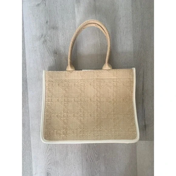 Antik Kraft‎ Woven Straw Tote Bag Beige Cream Geometric Coastal Boho Handbag