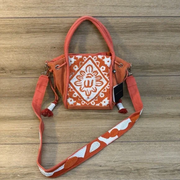 NWT‎ America & Beyond Canvas Beaded Mini Tote Crossbody Orange Gold Boho