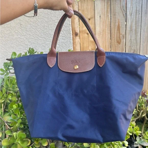 Longchamp Navy Tote with Brown Leather Trim