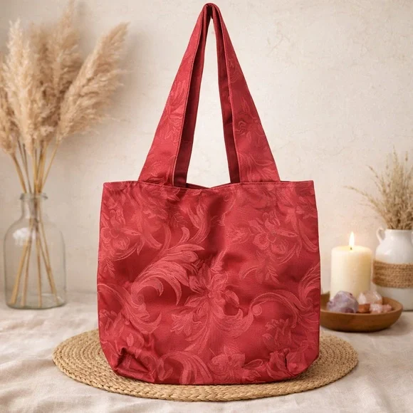 Nwt handmade reversible canvas tote burgundy damask‎ jacquard woven Y2K style