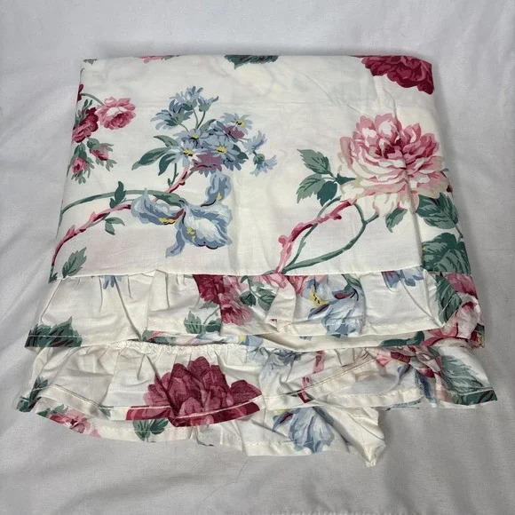 Vtg Ralph Lauren Lorraine Flat Sheet FULL Ruffle Pink Floral Shabby Chic Cottage