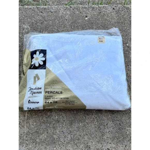 Vintage Penneys Fashion Manor White Percale Fitted Sheet 100% Cotton 54x75 Full