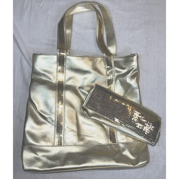 Festive / Party Bag & Purse VTG Tote Bag 2PC Set Gold Metallic Sequins‎ NWOT NEW