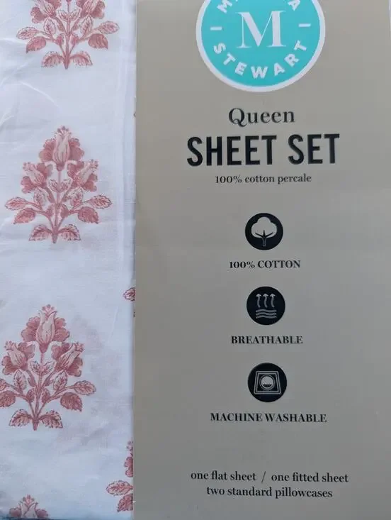 Martha Stewart Queen Size DARCY PINK FLORAL 100% Cotton Percale Sheet Set