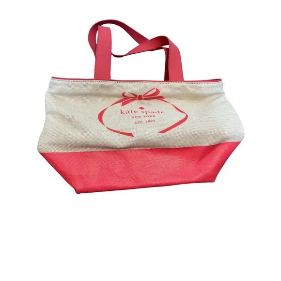 Kate Spade Tote Bag Womens Medium Pink Canvas Leather Bow Print Shoulder Purse‎