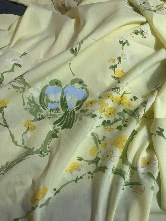 Vintage 1960s Springmaid Yellow Bird & Floral Print Bed Sheet for Double Bed