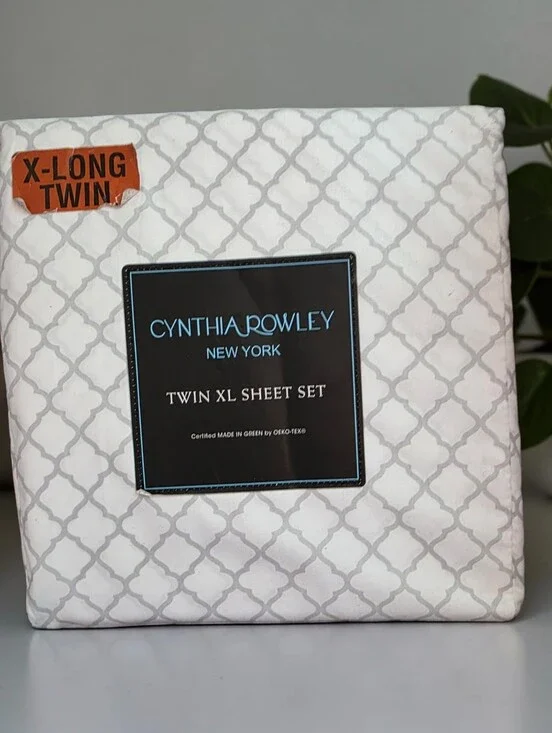 Cynthia ROWLEY TWIN XL 3 Pc  Abstract SHEET SET Dorm Apt Campus New  Gray White
