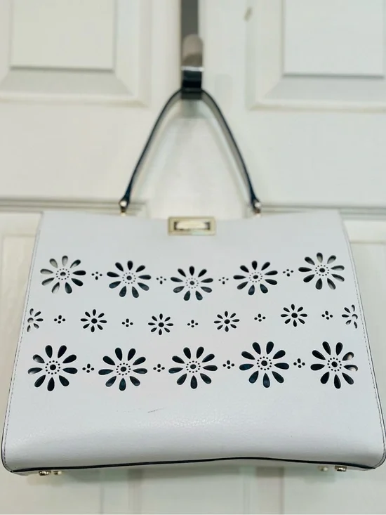 Kate Spade White Leather Faye Drive Etta Daisy Cutout Satchel Tote Bag EUC