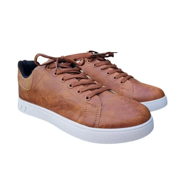 Mañalun Mens‎ Brown Faux Leather Low Top Sneakers Lace Up Casual Shoes EU46