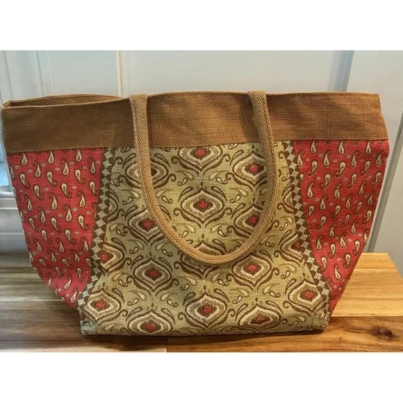 Style 101 Jute Burlap Tote Bag Red Paisley Boho Zip Top Shoulder Beach Large