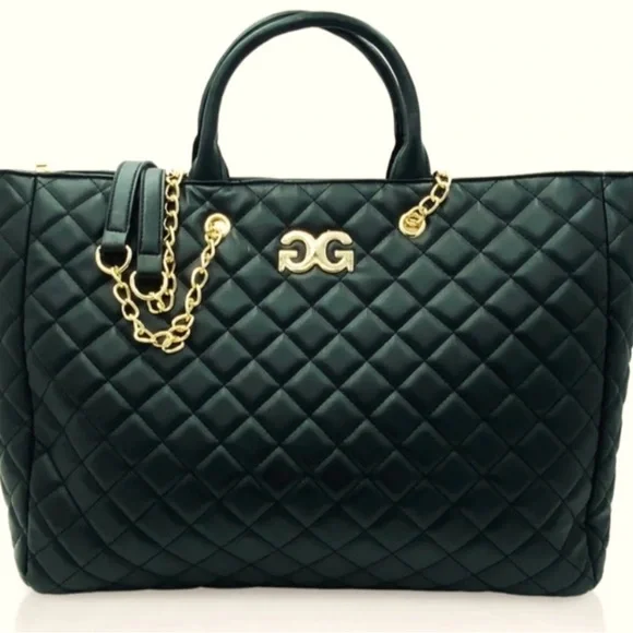 Quilted Dark Green Tote with Gold Chain Accents