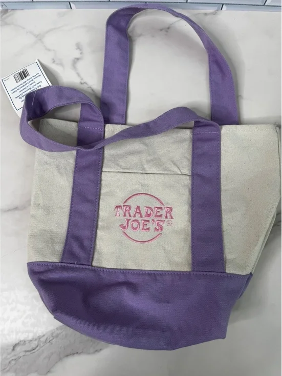 Trader Joe's Mini Pastel Canvas Tote Bag Purple Cream Pink Embroidered Logo NWT