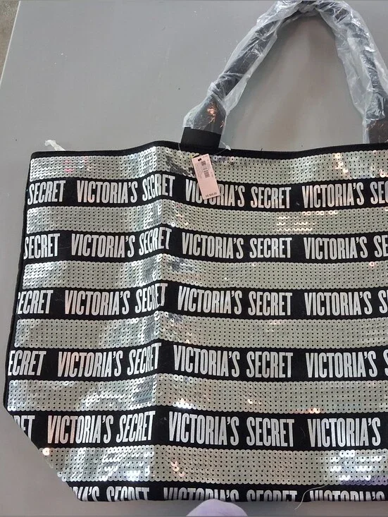 NWT Rare Limited Edition Victoria's Secret Black and Silver Sequin Stripe Tote