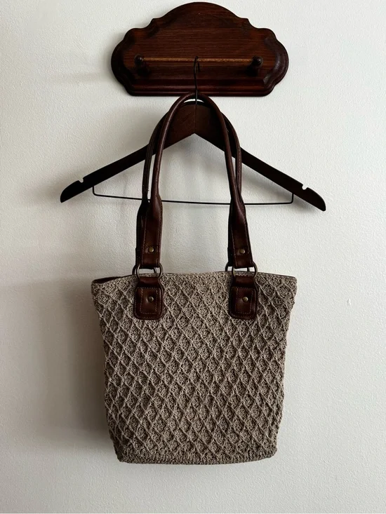 Vintage Woven Beige Tote Bag with Brown Handles - Women Bags
