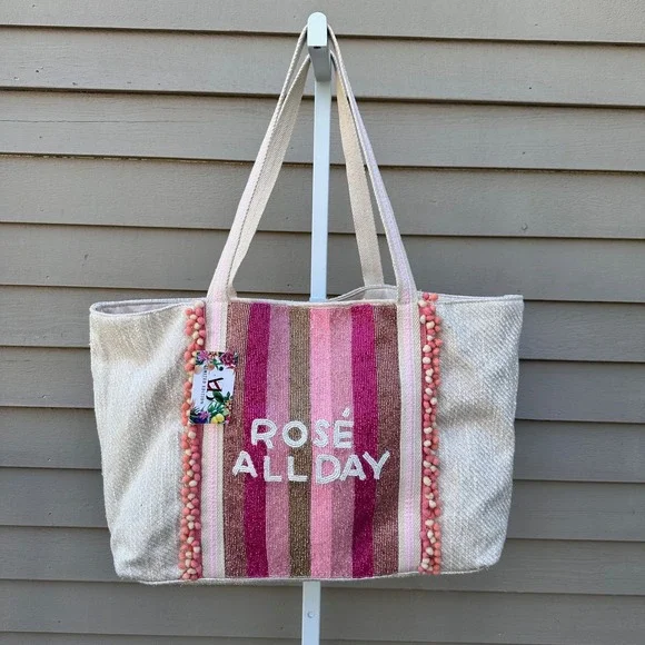 America & Beyond Rose' All Day Embellished Glitter Beaded Tote Bag Beach