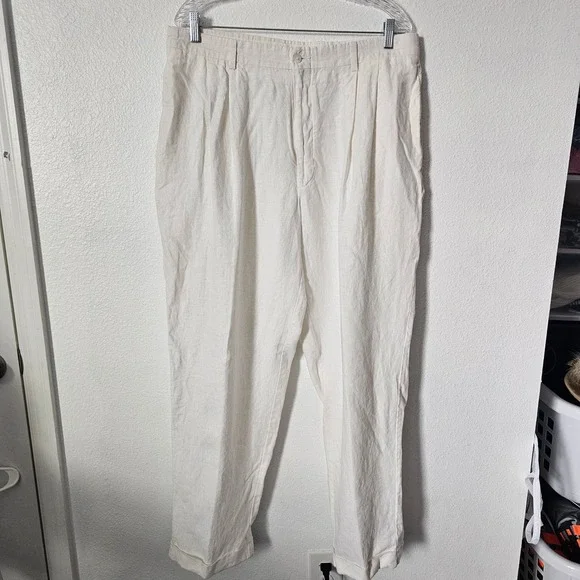 Turnbury Mens 38x32 Pleated Linen Pants Off White Cream Cuffed Straight Leg