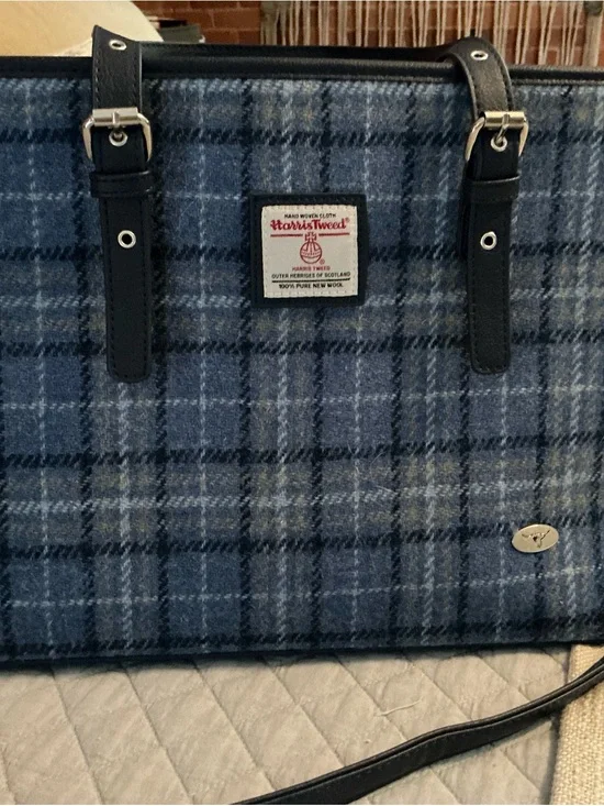 Harris Tweed Blue Plaid Tote Bag with navy Trim