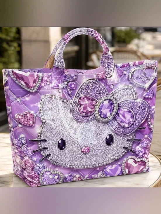 Cute Lavendar Purple Hello Kitty Jewel Large PVC Hand Tote Bag