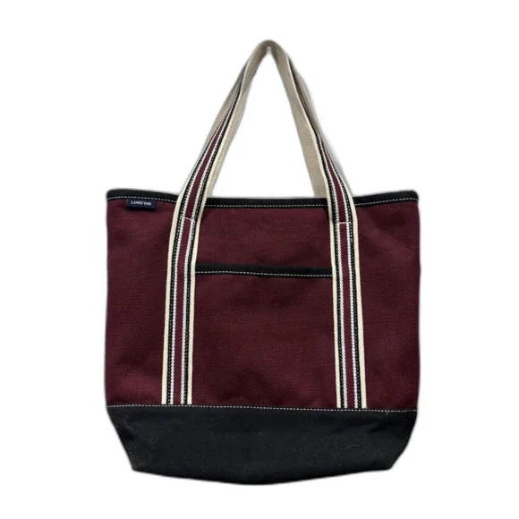 Vintage Lands' End Canvas Tote Bag Burgundy Black Boat Striped Handles 13x17