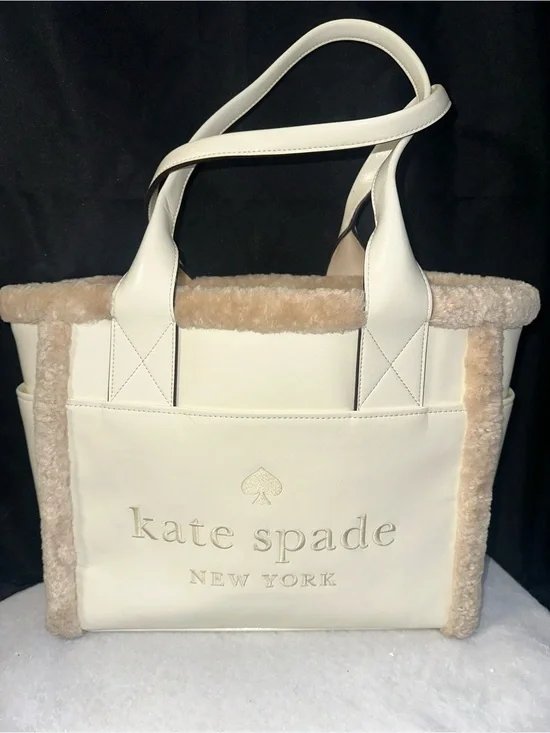 kate spade Cream Leather Tote with Shearling Trim
