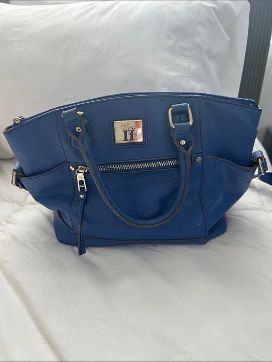 Blue Leather Tote with Front Zip and Top Handles