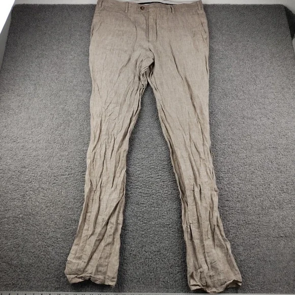 RD Saddler Linen Pants Mens 37x35 Tan Beige Straight Leg Business Casual