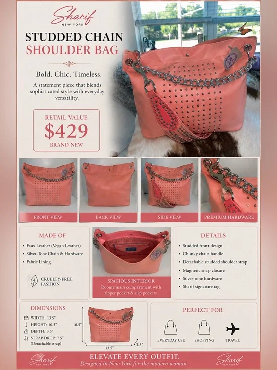 Sharif Coral Pink Studded Tote with Silver Chain