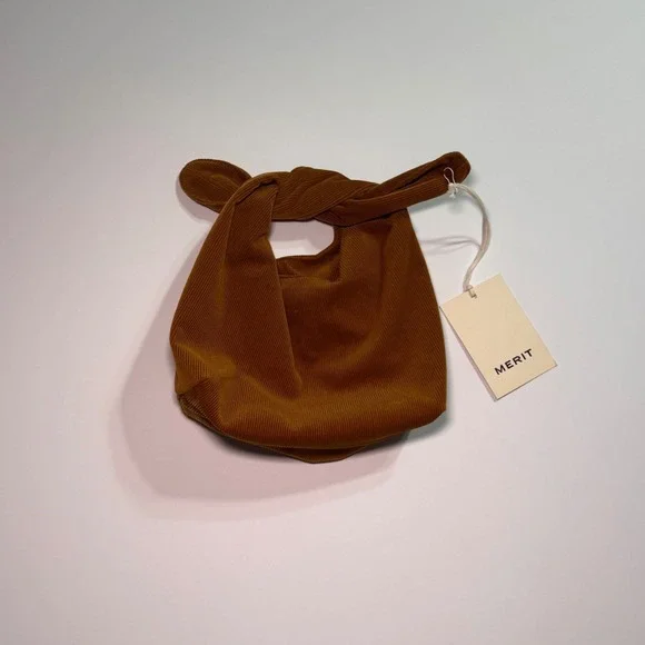Merit Beauty Signature Bag Corduroy Ochre Brown Knotted Handle Tote NWT