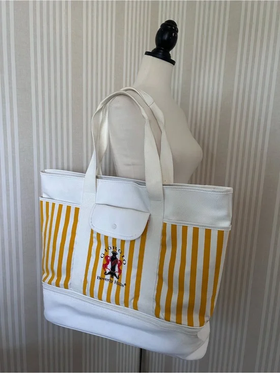 Vintage Giorgio, Beverly Hills XL Canvas Yellow Striped Tote Bag 1980s