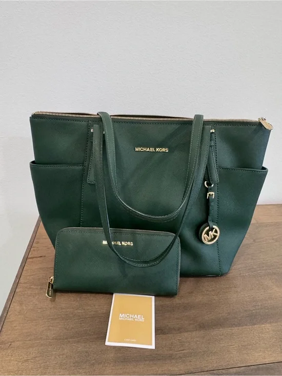 Michael Kors Forest Green Saffiano Leather Tote with Matching Wallet