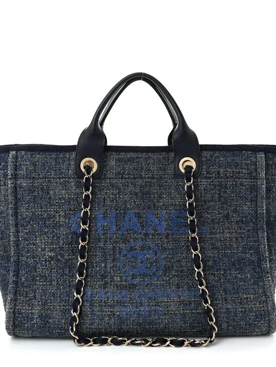 Chanel Lurex Canvas Medium Deauville Tote Navy Blue Shoulder Bag Shopper CC Logo