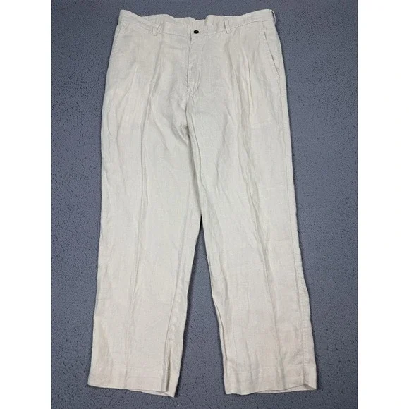 Jos A Bank Linen Dress Pants Mens 40x29 White Pleated Classic Fit Summer Wedding