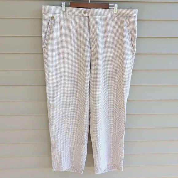Stacy Adams Linen Dress Pants Mens 44x32 Tan White Houndstooth Flat Front Slacks