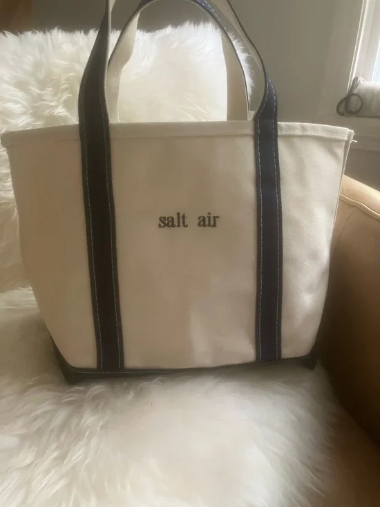 L.L. Bean Canvas Tote in Natural with Navy Handles monogram “Salt Air” medium