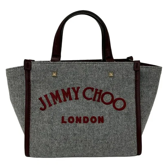 Jimmy Choo Varenne Tote Bag Gray Bordeaux Wool Leather