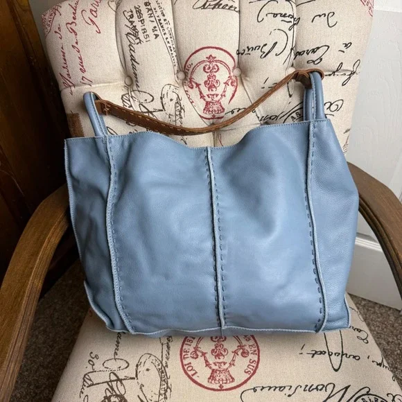The Sak Los Feliz LG Leather Tote Bag Blue Hobo Brown Strap Slouchy Whipstitch