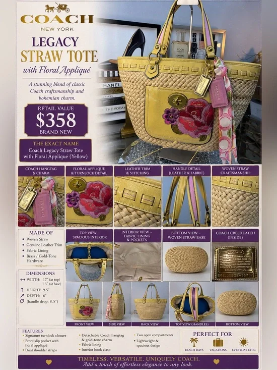 Coach Legacy Yellow Leather  Straw Tote with Pink Floral Applique and Scarf