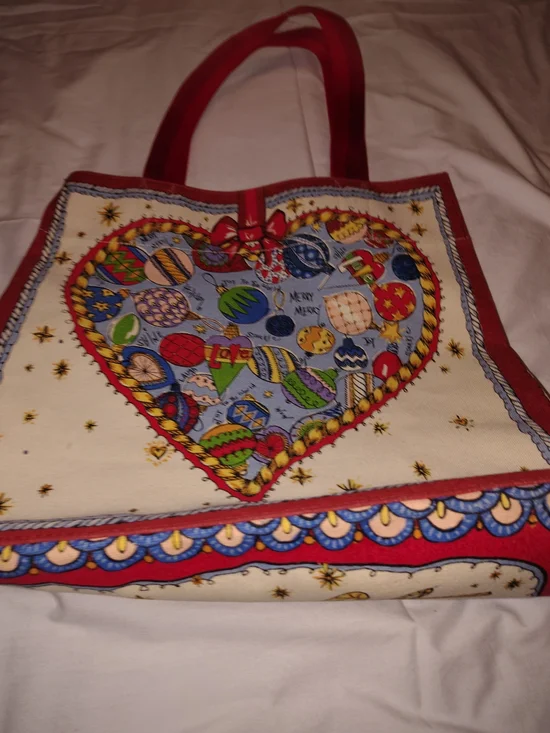 Brighton Red-Trim Canvas Tote with Multi-Color Heart Motif