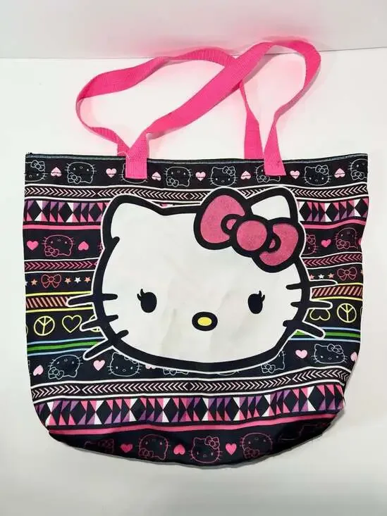 Hello Kitty Sanrio Tote book bag 2014 neon and black pink sparkle bow