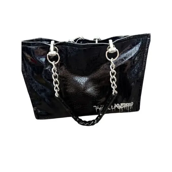Karl Lagerfeld Handbag Black Croc Patent Leather Chain-Link Handles Tote